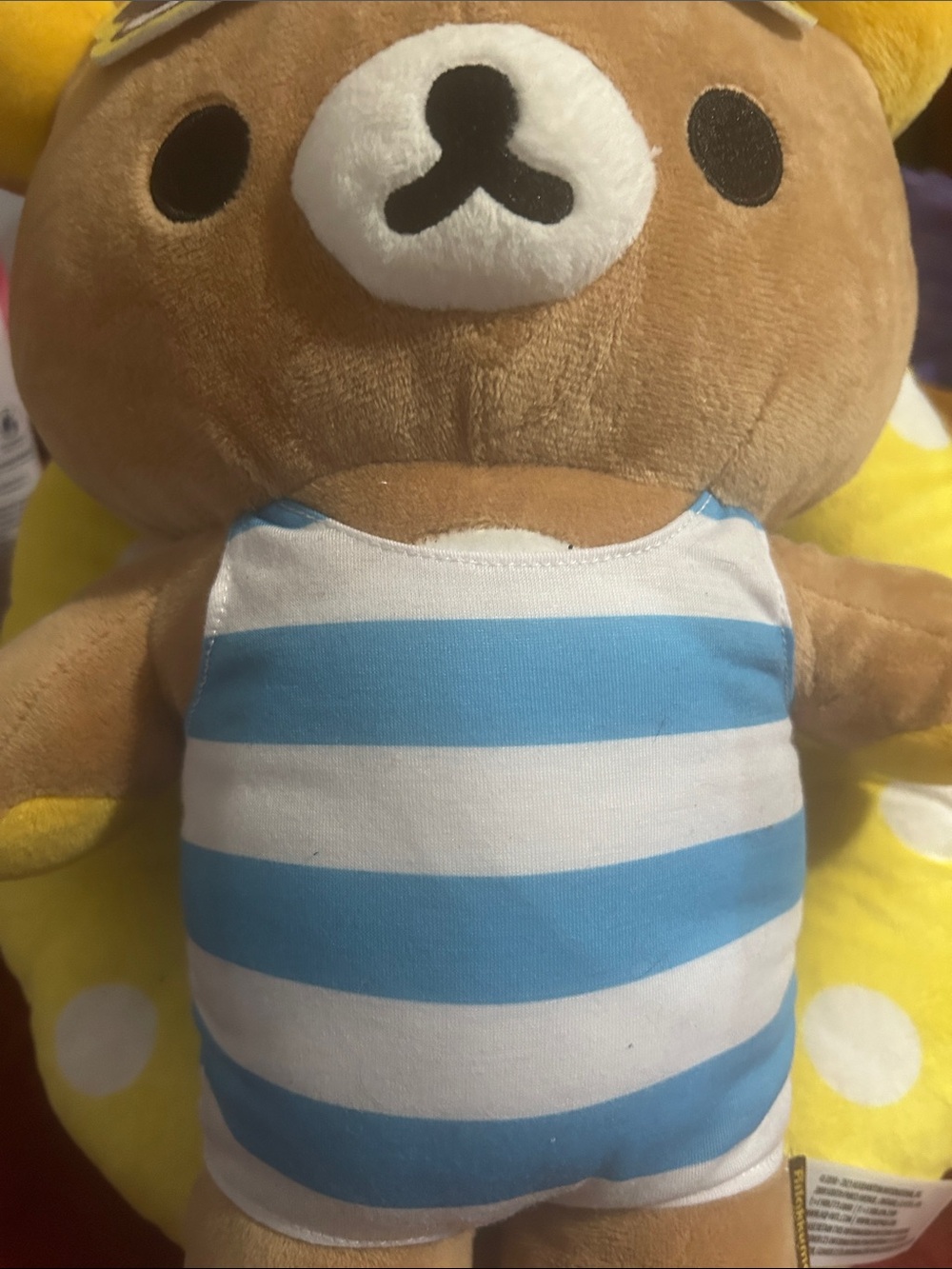 Cute Brown Plush Bear in Blue & White Striped Outfit
